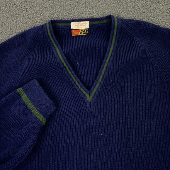 Mr. Sid Other - True Vintage 50s 60s Mr. Sid Sweater FITS Men Small Ribbed Knit Wool V-Neck Blue
